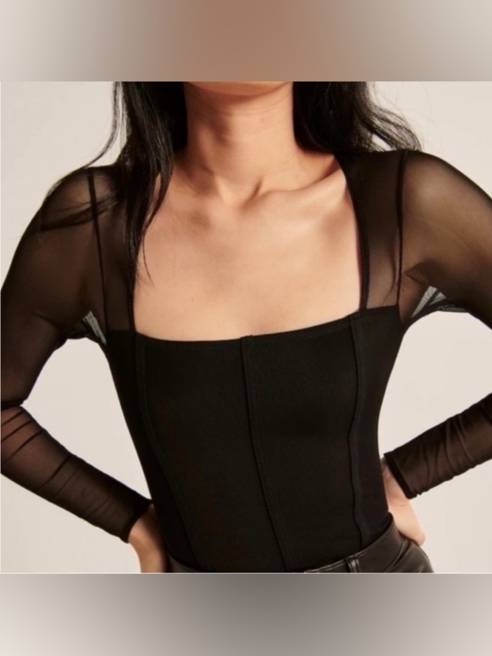 Abercrombie & Fitch Soft A&F Black Long Sleeve Mesh Bodysuit